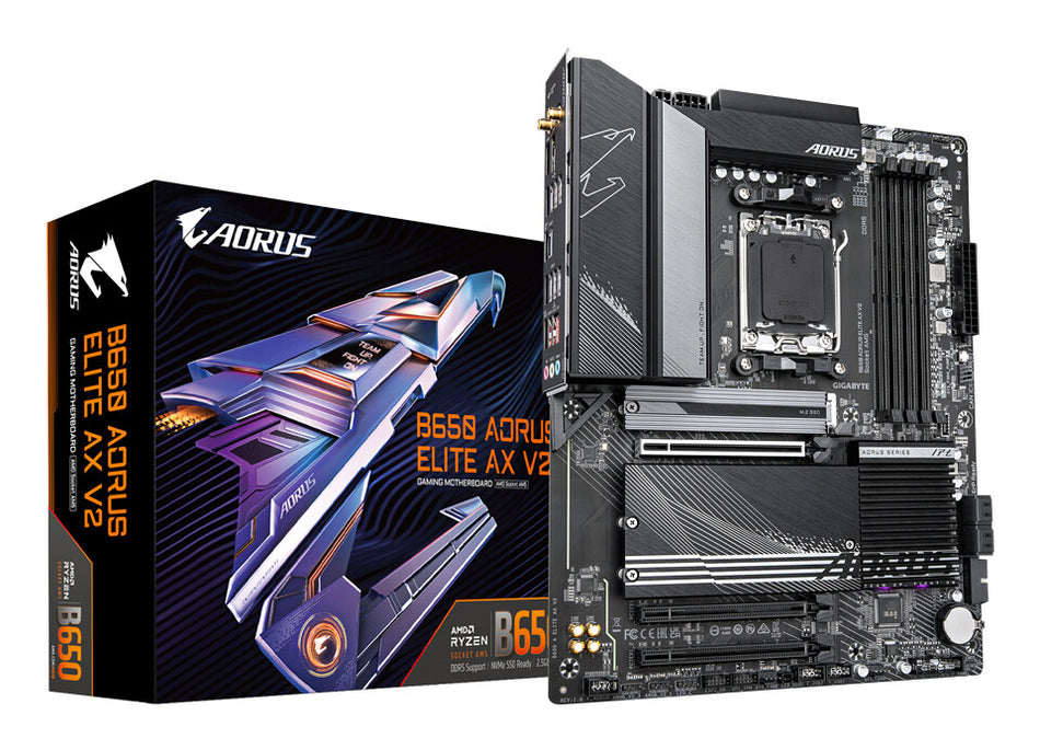 GIGABYTE B650 AORUS ELITE AX V2 Motherboard - AMD Ryzen 9000 Series CPUs, 12+2+2 Phases VRM, up to 8000MHz DDR5 (OC), 1xPCIe 5.0 + 2xPCIe 4.0 M.2, 2.5GbE LAN, WIFI 6E, USB 3.2 Gen 2
