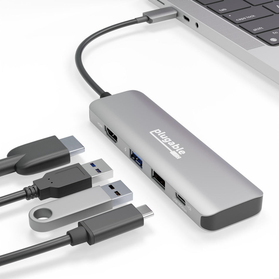 Plugable Technologies USB C Hub Multiport Adapter, 4 in 1, 100W Pass Through Charging, USB C to HDMI 4K 60Hz, Multi USB Port Hub for Windows, Mac, Ipad Pro, Chromebook, Thunderbolt (USBC-4IN1)