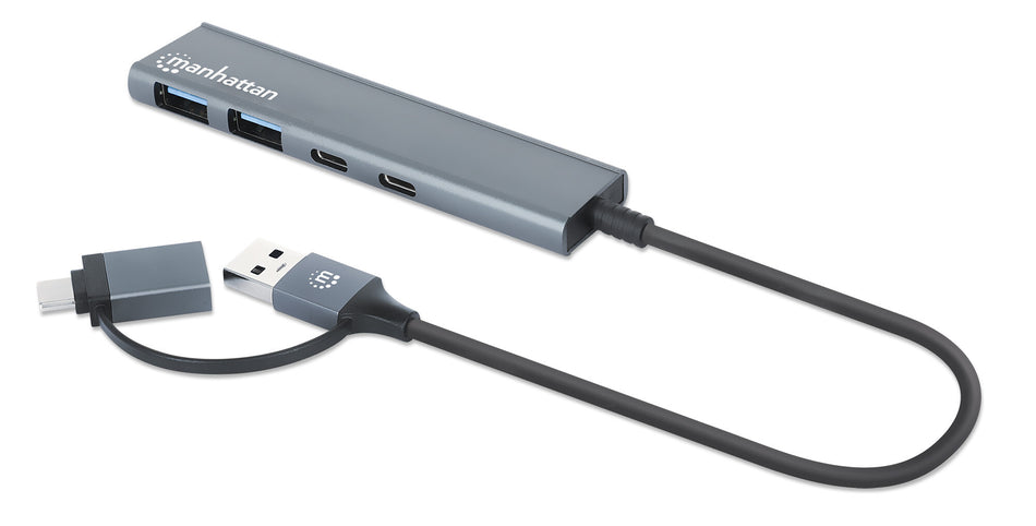 Manhattan USB-C & USB-A Combo Dock/Hub, Ports (4): USB-A (x2) and USB-C (x2), 5 Gbps (USB 3.2 Gen1 aka USB 3.0), External Power Supply Not Needed, Aluminium, SuperSpeed USB, Space Grey