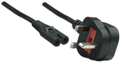 Manhattan Mains Power Cord/Cable, UK 3-pin plug to C7 Female (figure of eight), 1.8m, 13A, Black, Lead, Lifetime Warranty