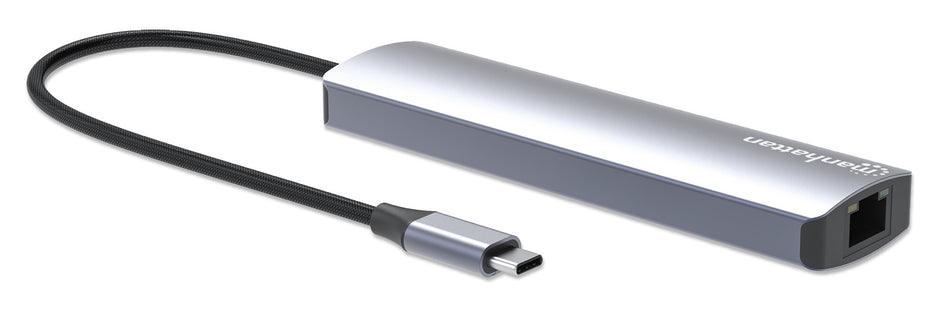 Manhattan USB-C Dock/Hub with Card Reader, Ports (x5): Ethernet, HDMI, USB-A (x2) and USB-C, With Power Delivery (100W) to USB-C Port (Note additional USB-C wall charger and USB-C cable needed), USB 3.2 Gen 1, All Ports can be used at the same time, Unive