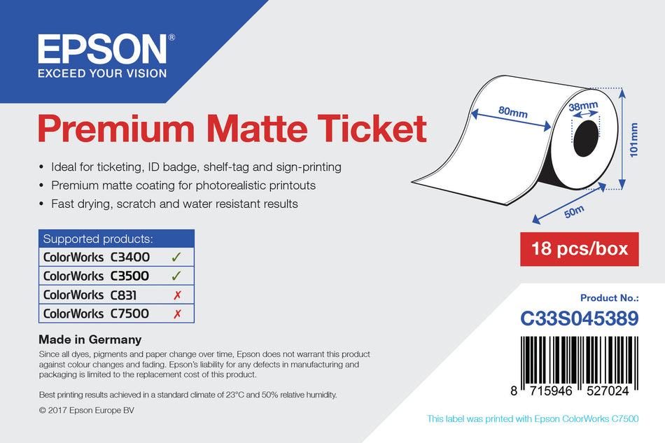 Epson Premium Matte Ticket - Roll: 80mm x 50m