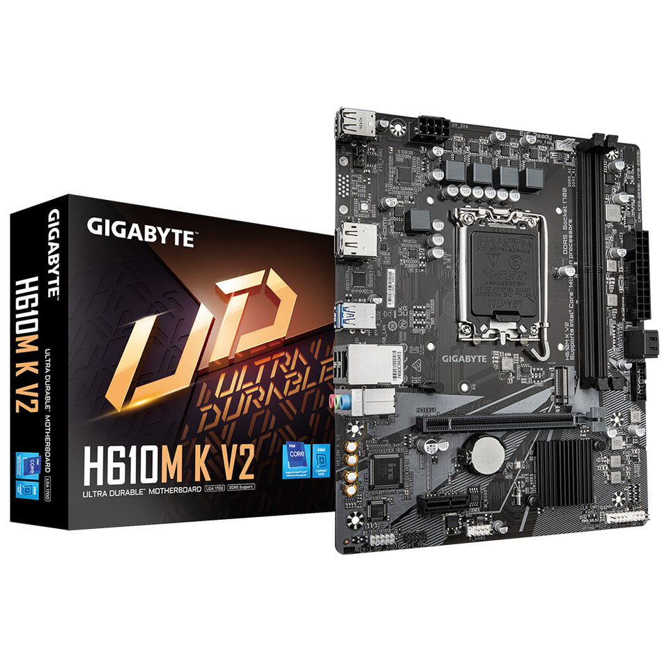 GIGABYTE H610M K V2 Motherboard - Intel Core 14th CPUs, up to 5600MHz DDR5, 1xPCIe 3.0 M.2, 1GbE LAN, USB 3.2 Gen 1