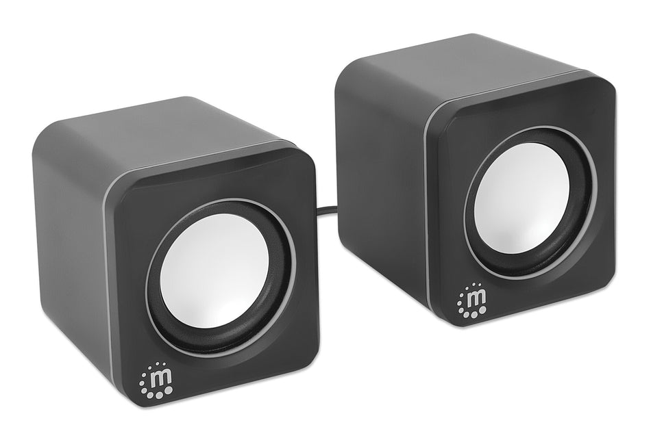 Manhattan 2600 Series Speaker System, Two Speakers, Black/Silver, USB for Stereo Audio and Power, Output: 2x 3W, Decent Sound, Integrated rotary volume control, USB-C/USB-A Adapter, Cable 1.4m