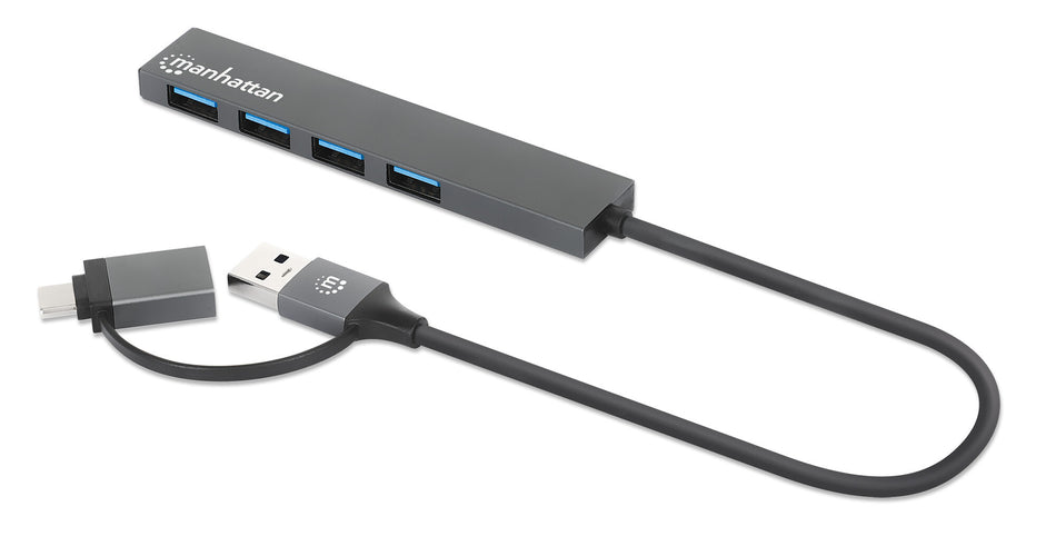 Manhattan USB-C & USB-A Combo Dock/Hub, Ports (4): USB-A (x4), 5 Gbps (USB 3.2 Gen1 aka USB 3.0), External Power Supply Not Needed, Cable 25cm, SuperSpeed USB, Black, Retail Box