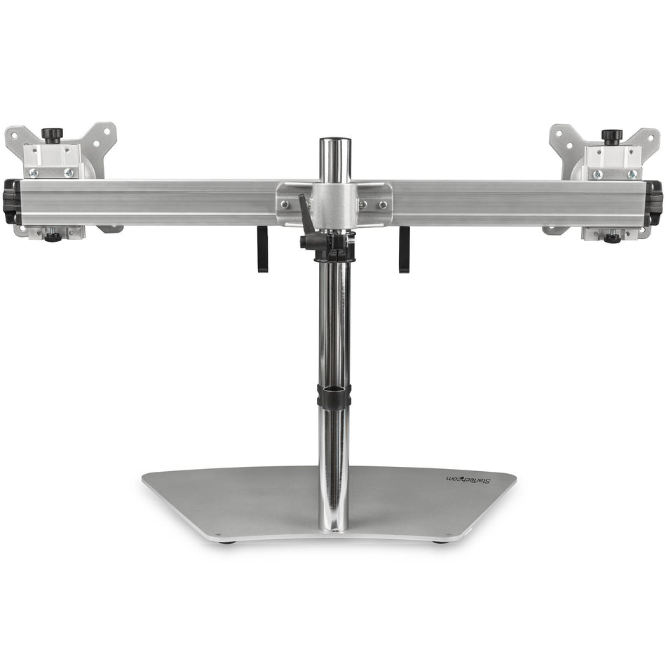 StarTech.com Dual Monitor Stand - Ergonomic Free Standing Dual Monitor Desktop Stand for two 24" VESA Mount Displays - Synchronized Height Adjustable - Double Monitor Pole Mount - Silver