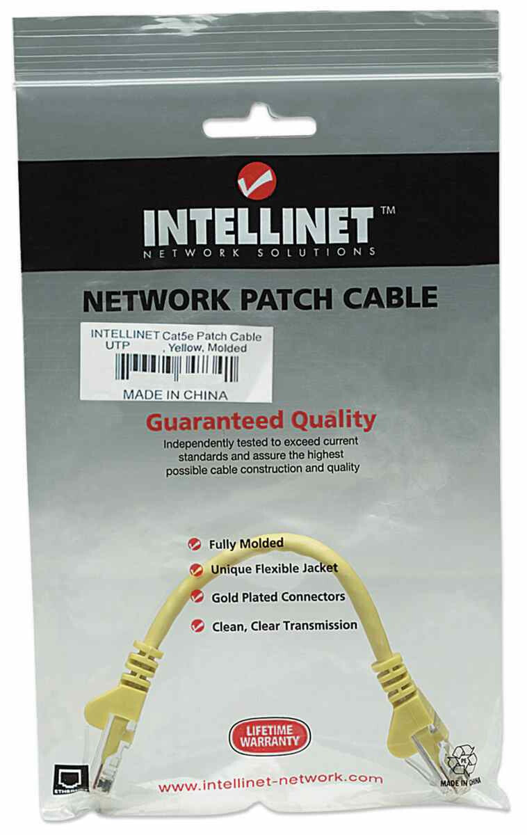 Intellinet Network Patch Cable, Cat5e, 0.5m, Yellow, CCA, U/UTP, PVC, RJ45, Gold Plated Contacts, Snagless, Booted, Lifetime Warranty, Polybag