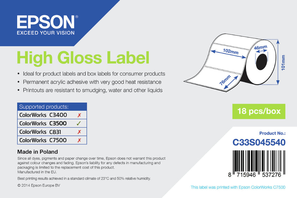 Epson High Gloss Label - Die-cut Roll: 102mm x 76mm, 415 labels