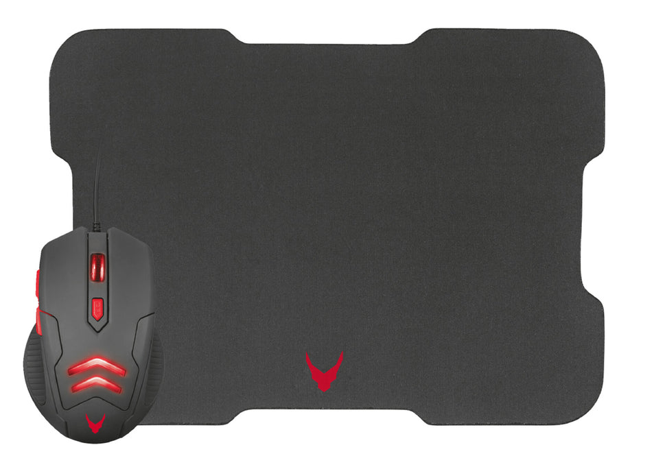 Varr Gaming Mouse and Mousepad/Mat Set, Gaming Mouse: Wired USB Mouse (Black/Red), Adjustable DPI (800, 1600, 2400 or 3200dpi), 6 Button with Scroll Wheel, Popular USB-A connection, Optical, LED Red backlight, Mousepad/Mat: Size 295x210x2mm