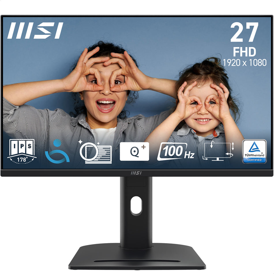 MSI PRO MP275PG 27 Inch Monitor, FHD (1920 x 1080), 100Hz, IPS, 1ms, 1x HDMI 1.4b, 1x DP 1.2a output, 1x D-Sub(VGA), Built-in Speakers, Anti-Glare, Anti-Flicker, Less Blue light, TÜV Certified, VESA, Kensington, 4-way adjustable stand, Black