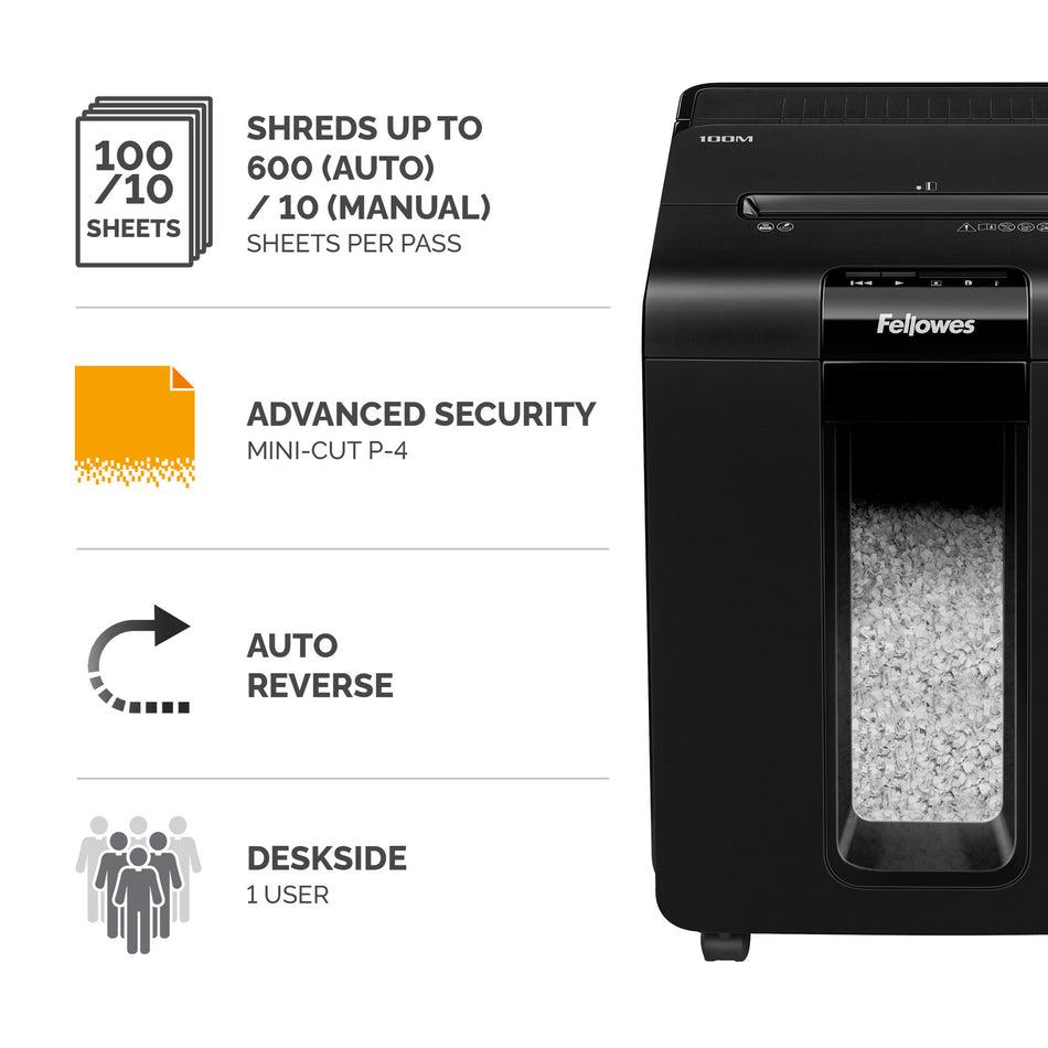 Fellowes Paper Shredder 100 Sheet Auto Feed Mini Cut Shredder AutoMax 100M Shredder 23 Litre Bin Advanced Security P4