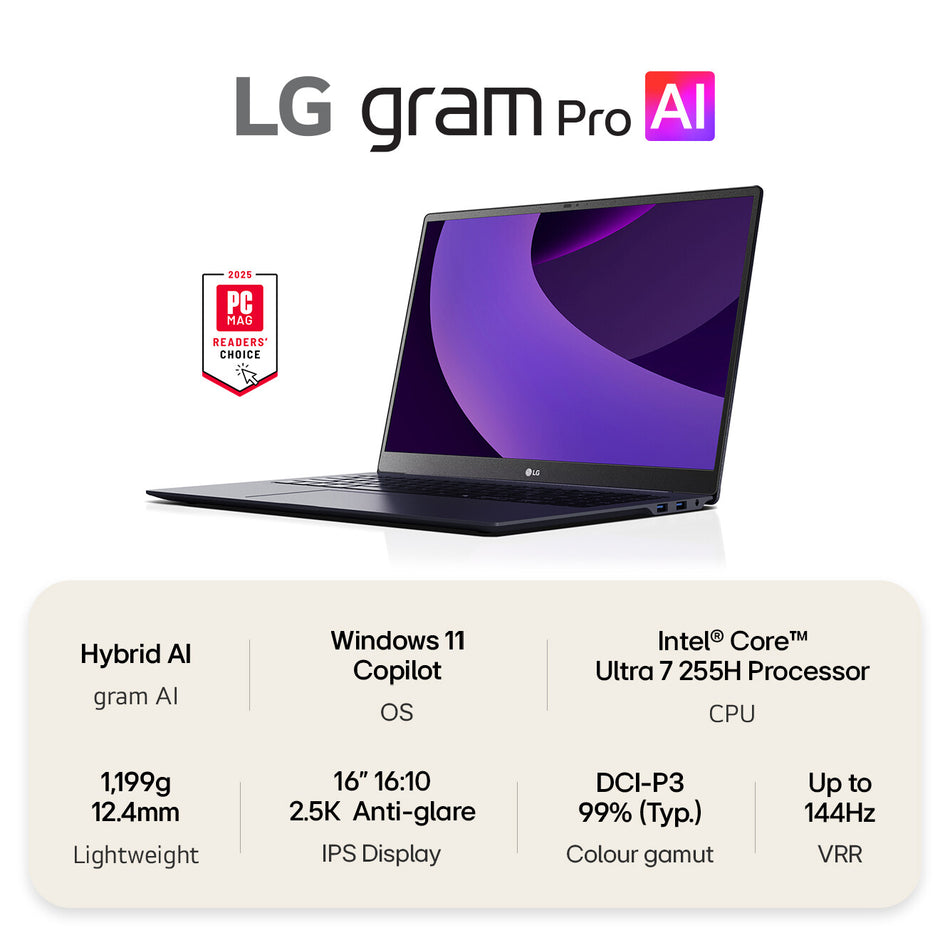 LG Gram Pro 16Z90TP-G.AA78A1 laptop Intel Core Ultra 7 225H 40.6 cm (16") 2.5K 16 GB LPDDR5x-SDRAM 1 TB SSD Wi-Fi 7 (802.11be) Windows 11 Home Black