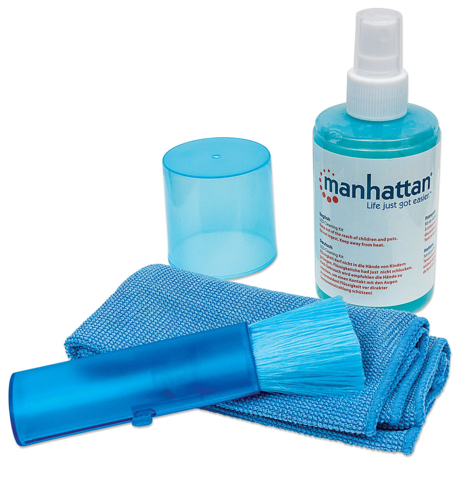 Manhattan LCD Cleaning Kit, Alcohol-free, Includes Cleaning Solution (200ml), Brush and Microfibre Cloth, Ideal for use on monitors/laptops/keyboards/etc, Three Year Warranty, Blister