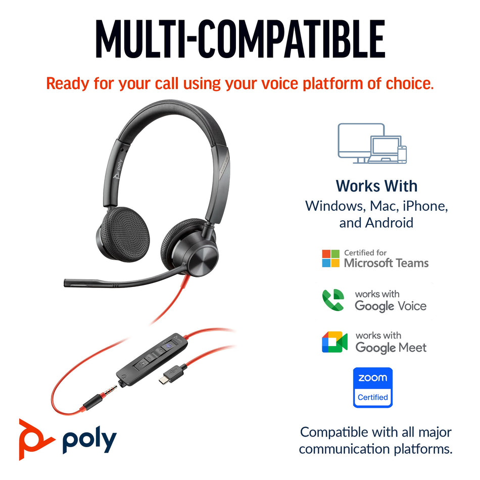 POLY Blackwire 3325 Stereo USB-C Headset +3.5mm Plug +USB-C/A Adapter