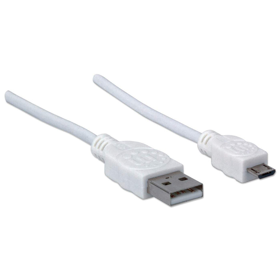 Manhattan USB-A to Micro-USB Cable, 1m, Male to Male, White, 480 Mbps (USB 2.0), Equivalent to USBPAUB1MW, Hi-Speed USB, Lifetime Warranty, Polybag