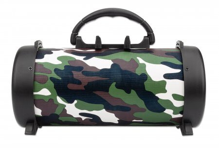 Manhattan Camouflage Bluetooth Speaker (Clearance Pricing), Decent Sound Output (3W), 3 hour Playback time, FM Radio, Range 10m, microSD card reader (32GB), Aux 3.5mm connector, USB-A charging cable included, 1200mAH battery, Bluetooth v5, 3 Years Warrant