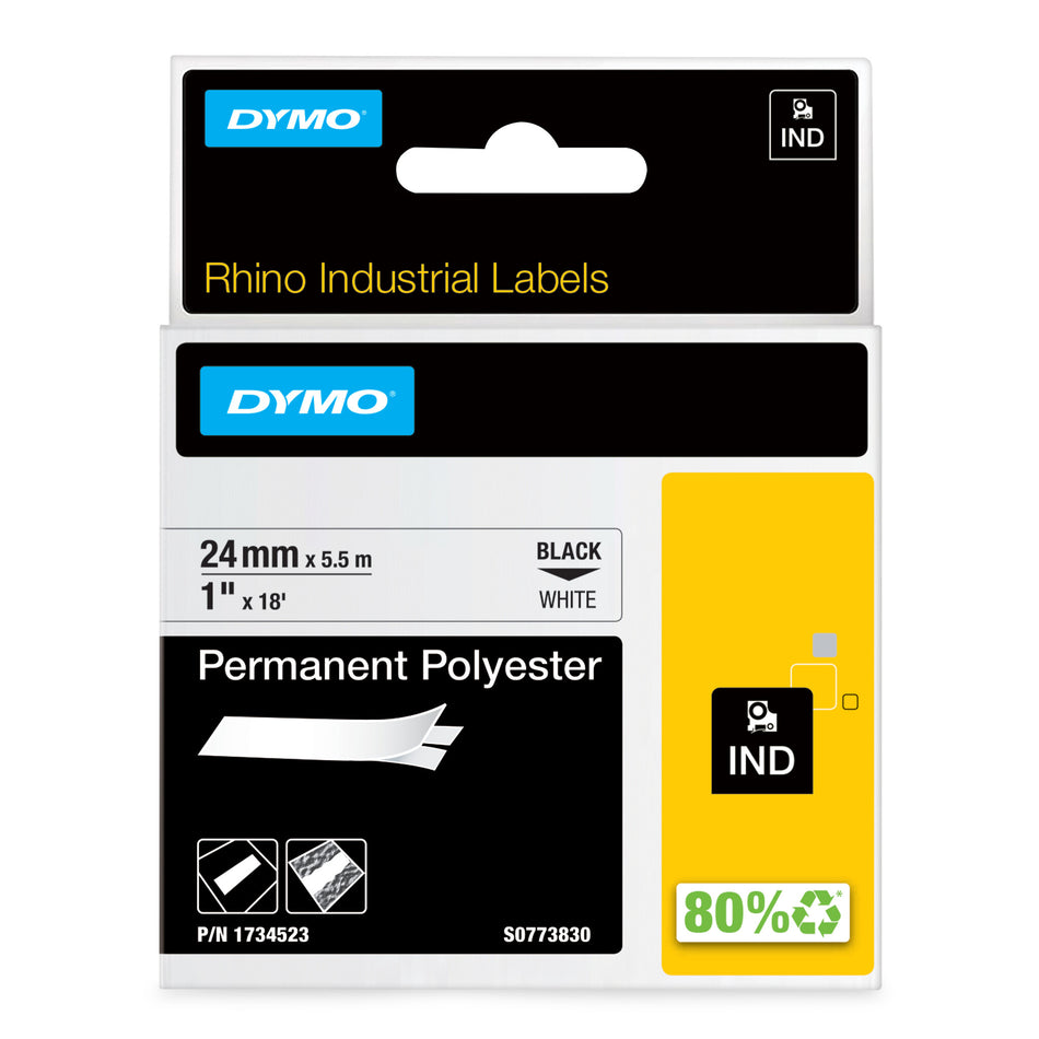 DYMO Rhino Industrial Permanent Polyester Labels | 24 mm x 5.5 m | Black Print on White | Self-Adhesive | for LabelManager & Rhino Label Makers