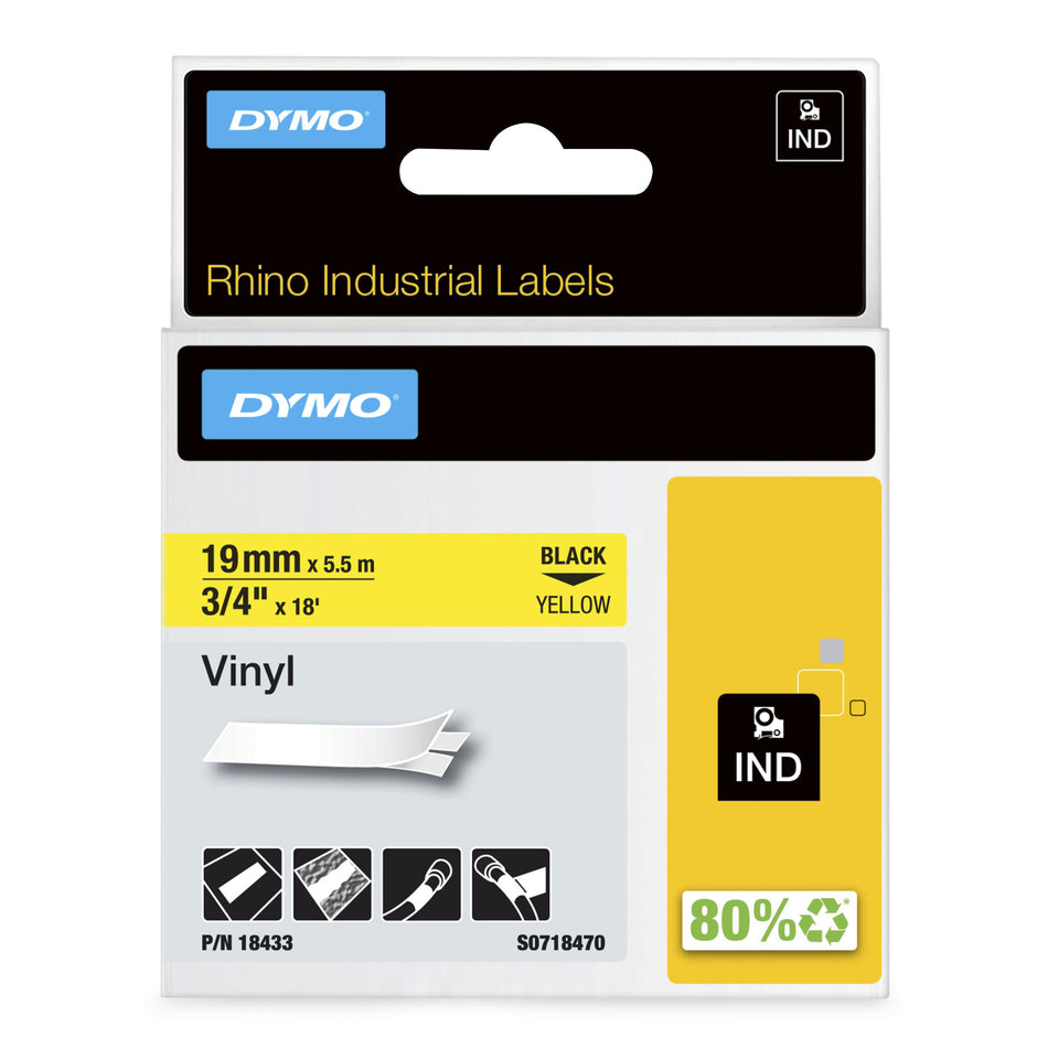 DYMO Rhino Industrial Vinyl Labels | 19 mm x 5.5 m | Black Print on Yellow | Self-Adhesive | for Rhino & LabelManager Label Makers