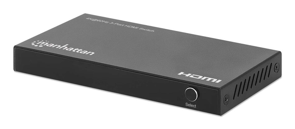 Manhattan 4K@60Hz 3-Port HDMI Switch, Switches Between Three HDMI Inputs on One HDMI Output (3x1), 18G, Automatic and Manual Switching, IR Remote Control, Black