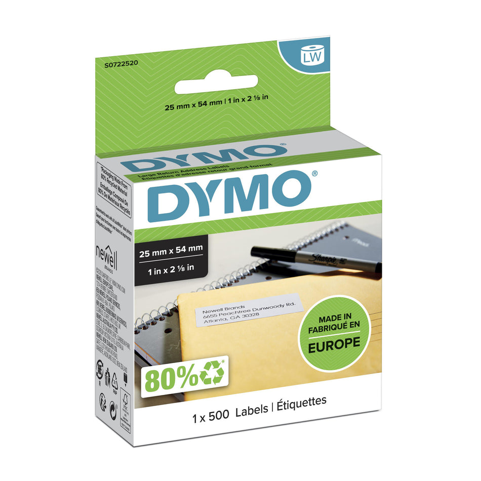 DYMO Authentic LabelWriter Return Address Labels | 25 mm x 54 mm | Self-Adhesive | Roll of 500 Easy-Peel Labels | for LabelWriter Label Makers | Made in Europe