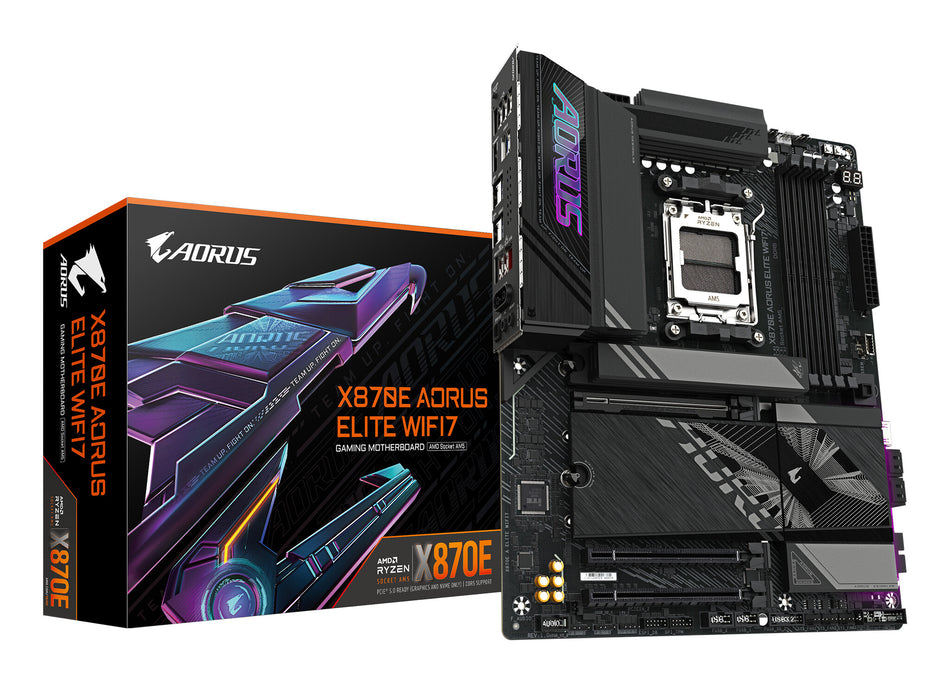 GIGABYTE X870E AORUS ELITE WIFI7 Motherboard - Supports AMD Ryzen 9000 CPUs, 16+2+2 Phases Digital VRM, up to 8000Hz DDR5 (OC), 3xPCIe 5.0 + 1xPCIe 4.0, Wi-Fi 7, 2.5GbE LAN, USB 4
