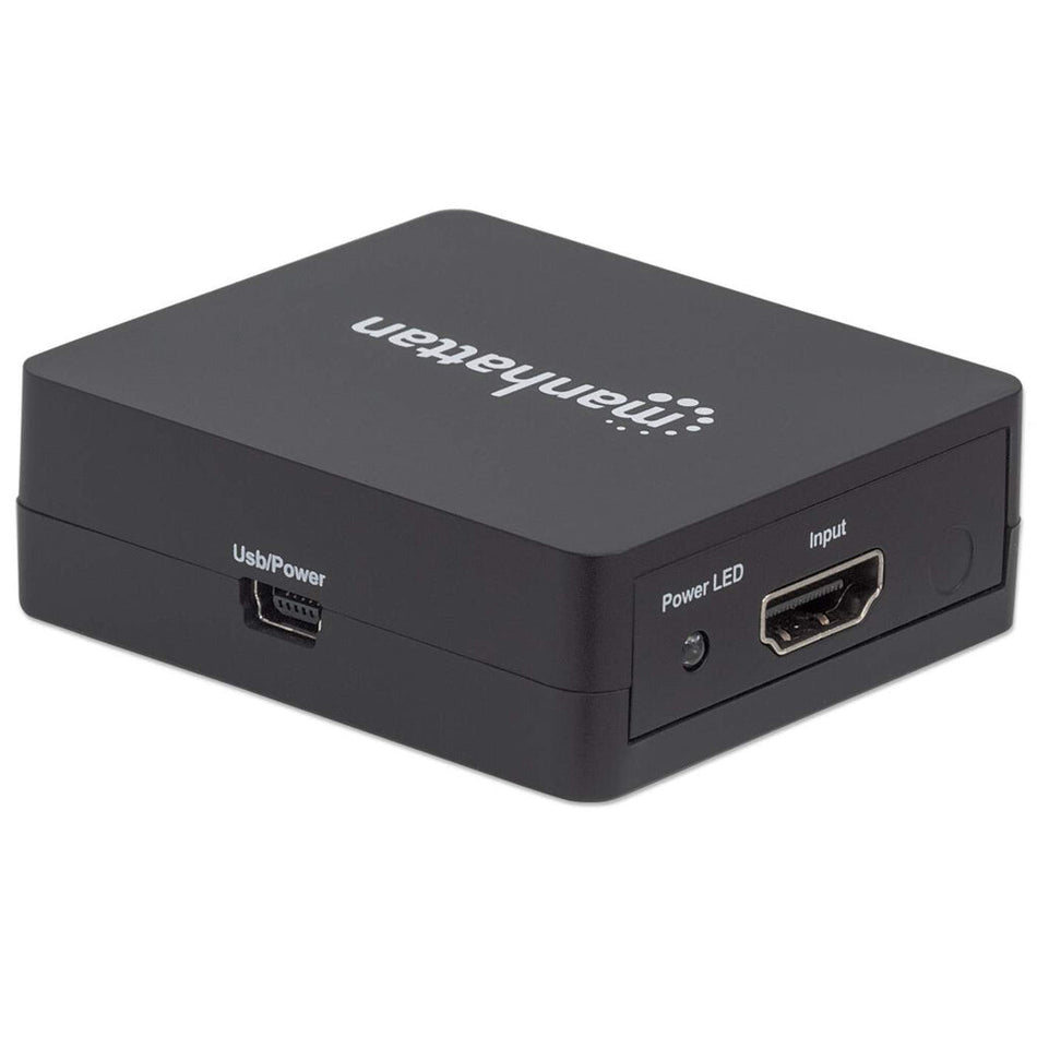 Manhattan HDMI Splitter 2-Port , 1080p, Black, Displays output from x1 HDMI source to x2 HD displays (same output to both displays), USB-A Powered (cable included, 0.7m), Three Year Warranty, Retail Box