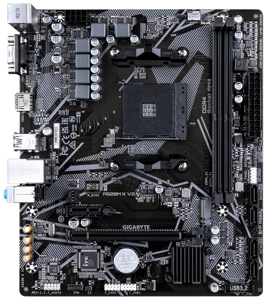 GIGABYTE A520M K V2 Motherboard - Supports AMD Ryzen 5000 Series AM4 CPUs, up to 5100MHz DDR4 (OC), PCIe Gen3 x4 M.2, GbE LAN, USB 3.2 Gen 1