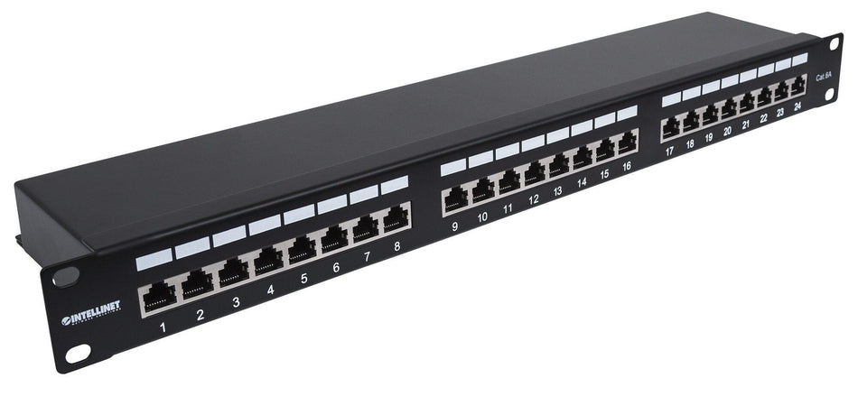 Intellinet Patch Panel, Cat6a, FTP, 24-Port, 1U, Shielded, 90° Top-Entry Punch Down Blocks, Black