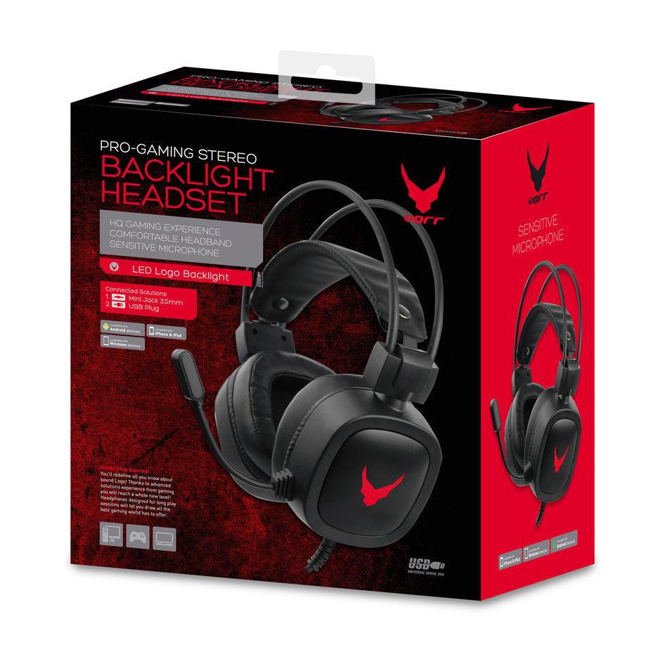 Varr Gaming USB Headphones with Built In Microphone, Over-Ear, LED Backlight, Rugged, Popular USB-A connection, Black/Red, Cable 2m