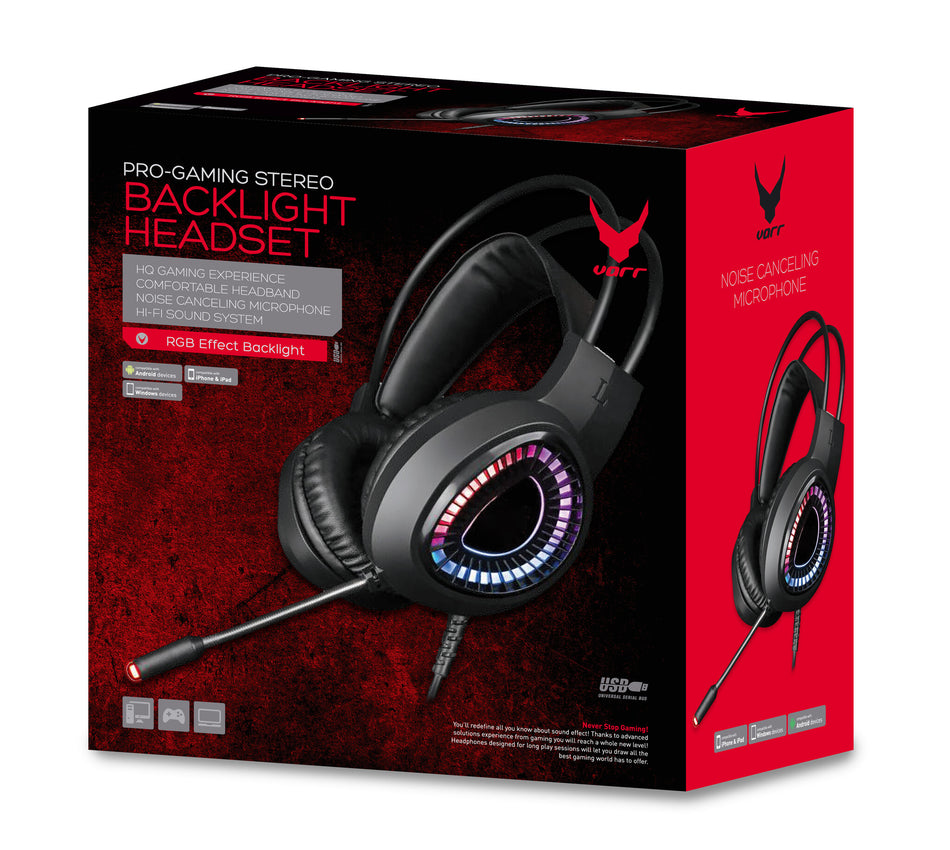 Varr Pro Gaming USB Headset with RGB Backlight, Microphone Boom, Audio 7.1 Multi Channel, Noise Cancelling, Powerful 30mW speakers, USB-A, Integrated 2.2m cable, Black