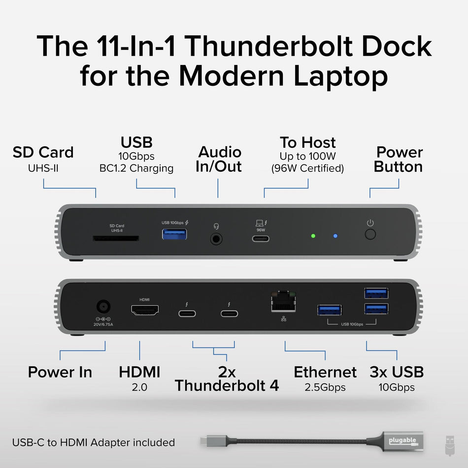 Plugable Technologies Thunderbolt 4 Dock with 100W Charging, Thunderbolt Certified, 3x Thunderbolt Ports, Laptop Docking Station Dual Monitor Single 8K or Dual 4K Monitor, 2.5G Ethernet, 1x SD, 4x USB