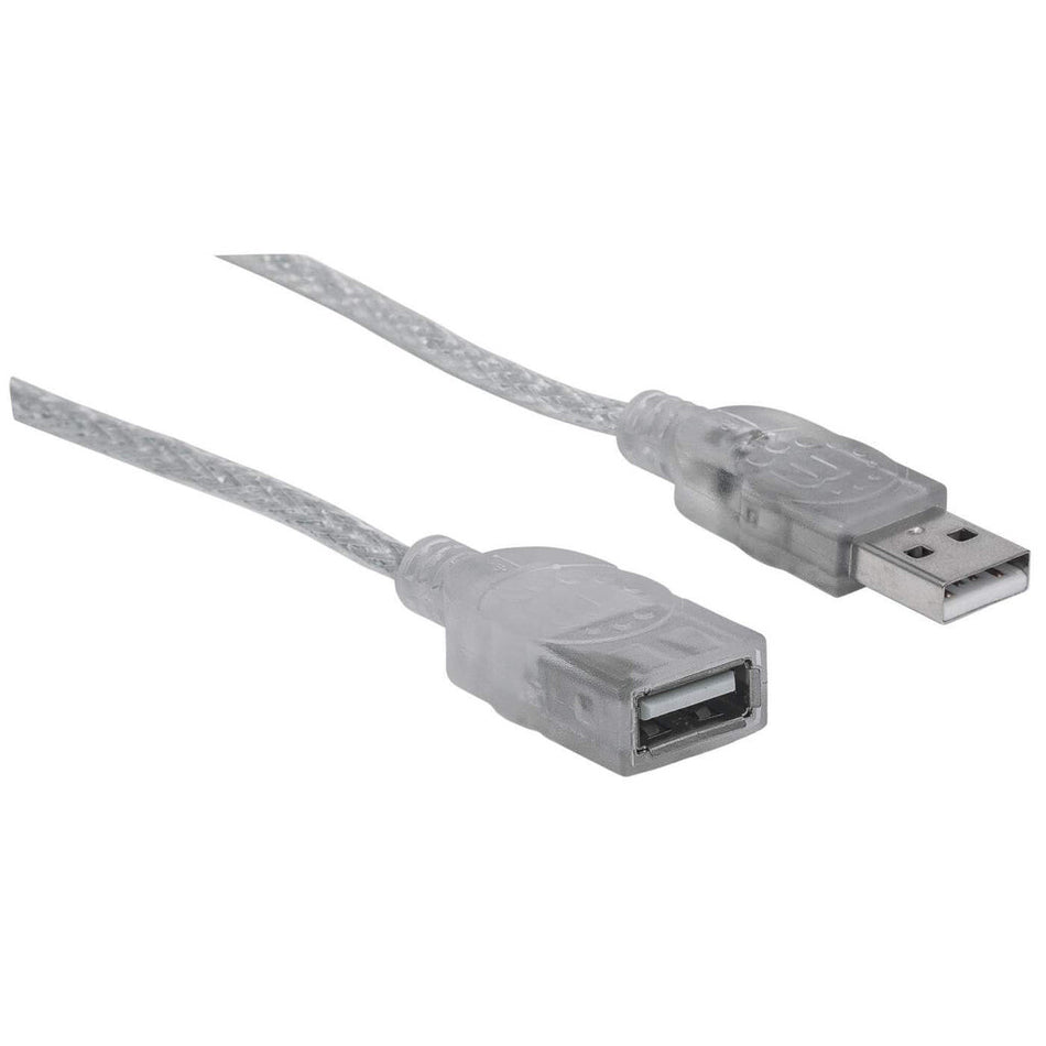 Manhattan USB-A to USB-A Extension Cable, 1.8m, Male to Female, 480 Mbps (USB 2.0), Hi-Speed USB, Translucent Silver, Lifetime Warranty, Polybag