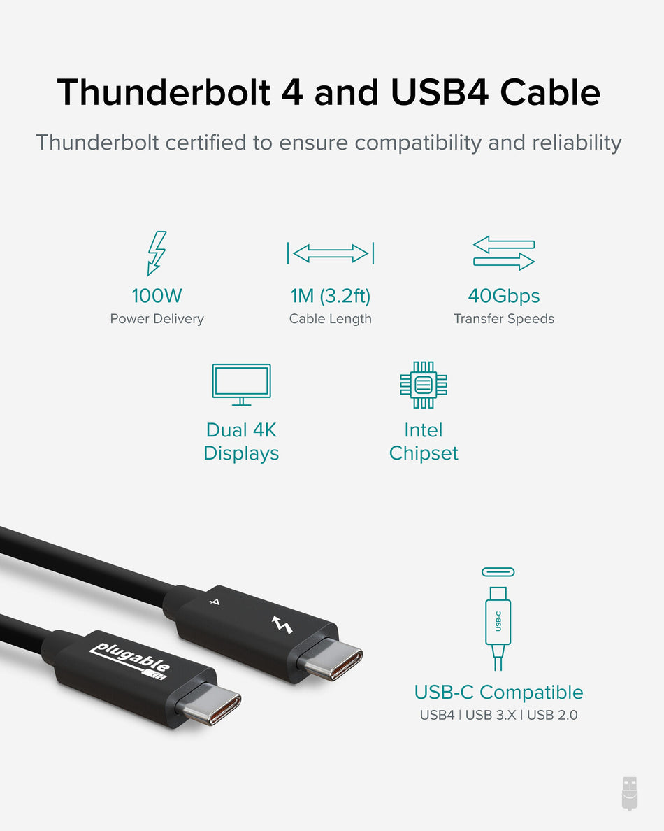 Plugable Technologies Thunderbolt 4 Cable [Thunderbolt Certified] 3.3ft USB4 Cable with 100W Charging, Single 8K or Dual 4K Displays, 40Gbps Data Transfer, Compatible with Thunderbolt, USB4, USB-C - Driverless