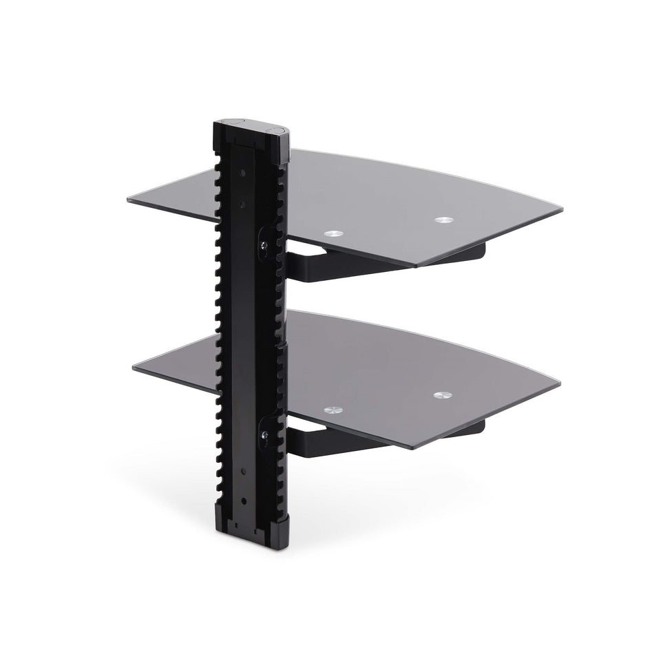 StarTech.com Dual Floating Wall-Mounted AV Shelves, Adjustable Height Shelf For Under TV, Organize A/V Equipment On Black Tempered Glass Shelves