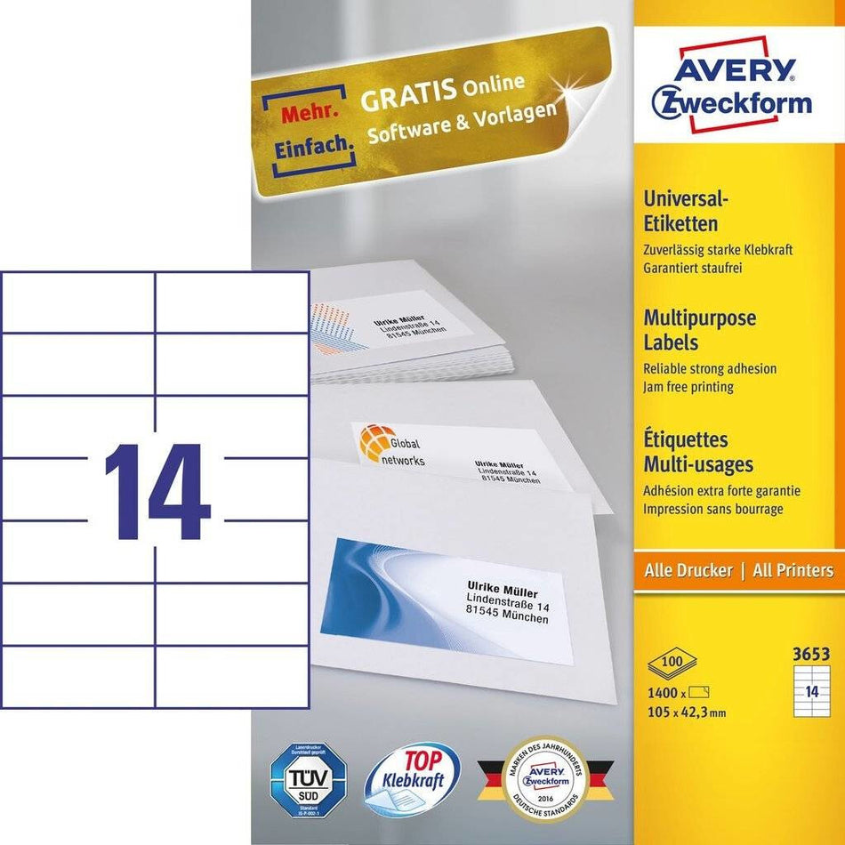 Avery 3653 self-adhesive label Rectangle Permanent White 1400 pc(s)