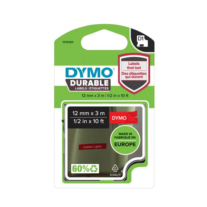 DYMO D1 Durable - White on Red - 12mm