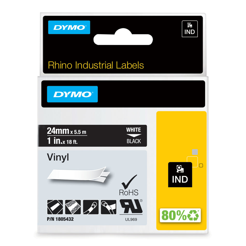 DYMO Rhino Industrial Vinyl Labels | 24 mm x 5.5 m | White Print on Black | Self-Adhesive | for LabelManager & Rhino Label Makers