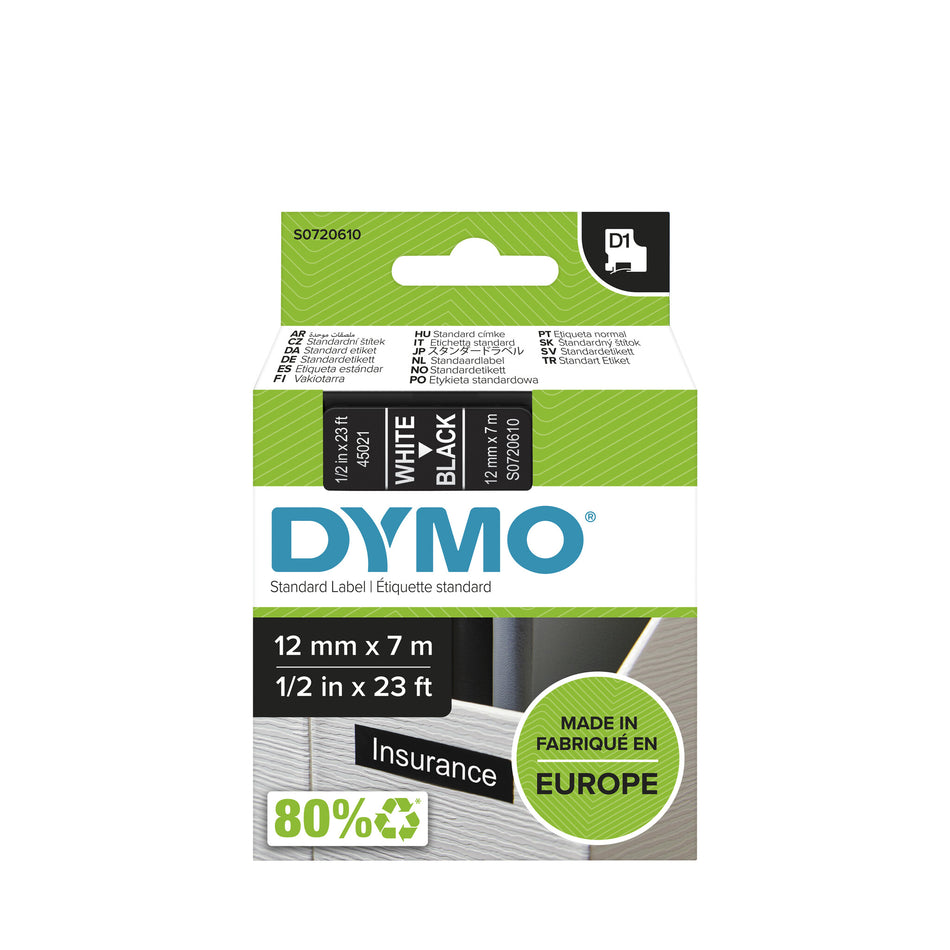 DYMO D1 Standard - White on Black - 12mm