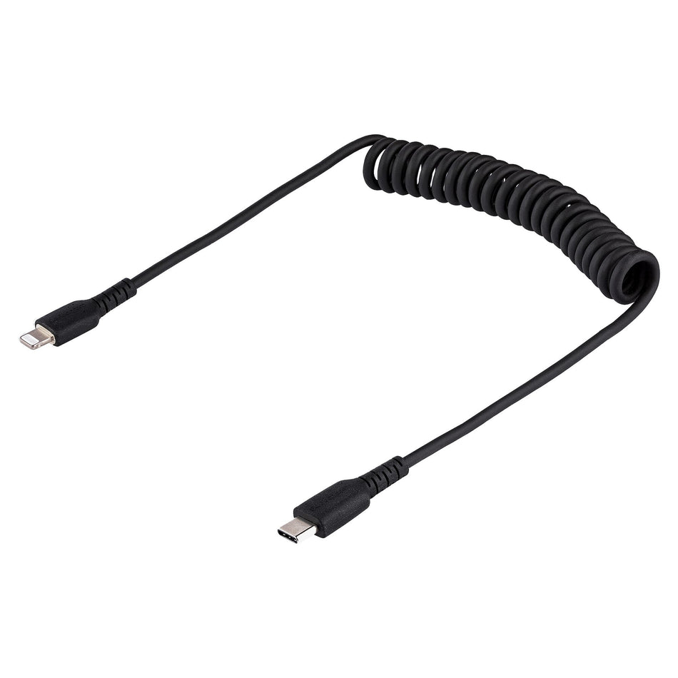 StarTech.com 1m (3ft) USB C to Lightning Cable, MFi Certified, Coiled iPhone Charger Cable, Black, Durable TPE Jacket Aramid Fiber, Heavy Duty Coil Lightning Cable