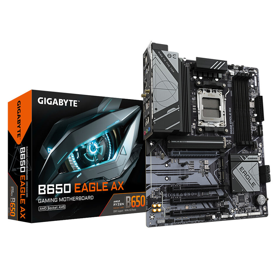 GIGABYTE B650 EAGLE AX Motherboard - AMD Ryzen 9000 Series CPUs, 12+2+2 Phases VRM, up to 7600MHz DDR5 (OC), 1xPCIe 5.0 + 2xPCIe 4.0 M.2, GbE LAN, WIFI 6E, USB 3.2 Gen 2