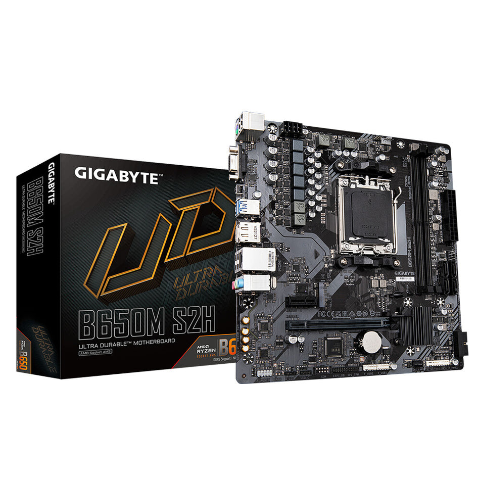 GIGABYTE B650M S2H Motherboard - AMD Ryzen 9000 Series CPUs, 5+2+2 Phases VRM, up to 6400MHz DDR5 (OC), 1xPCIe 4.0 M.2, GbE LAN, USB 3.2 Gen 1