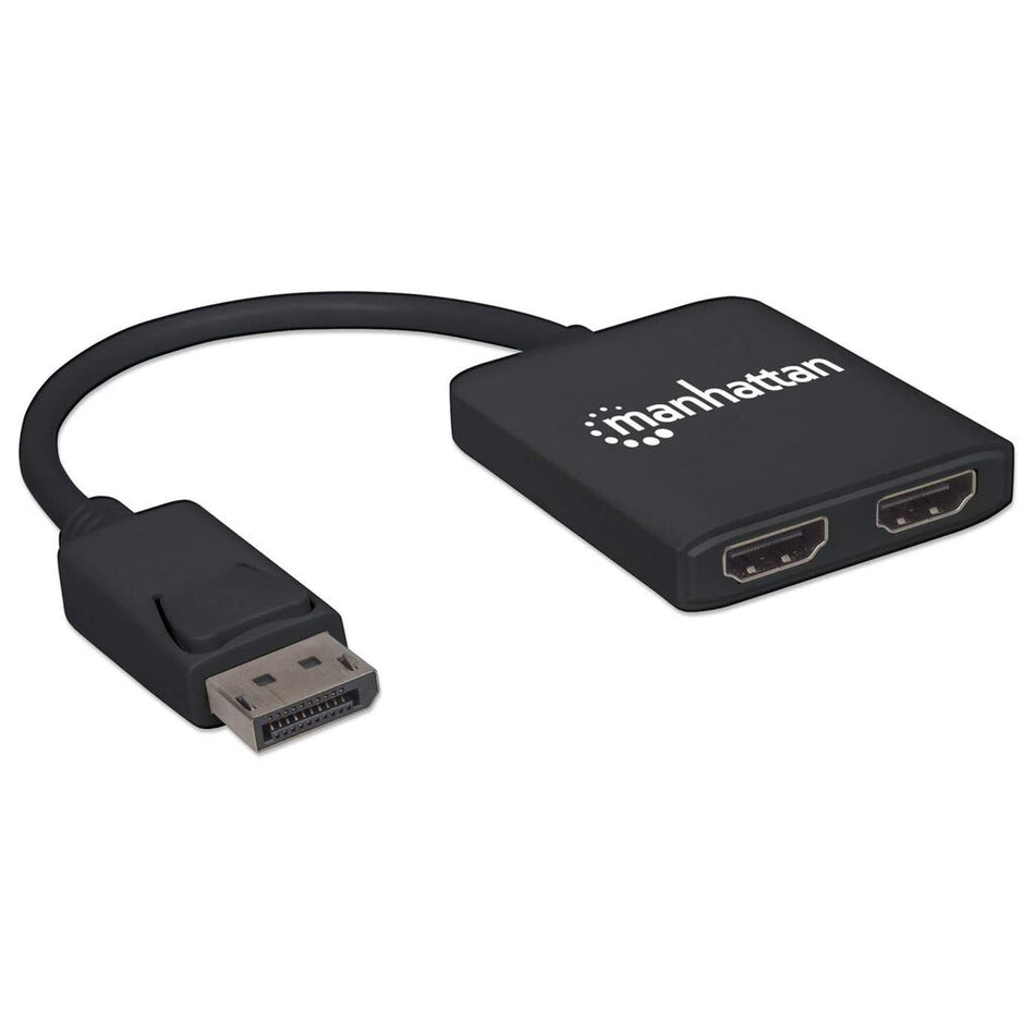 Manhattan DisplayPort 1.2 to 2-Port HDMI Splitter Hub with MST, 4K@30Hz, USB-A Powered, Video Wall Function, HDCP 2.2, Black, Three Year Warranty, Blister