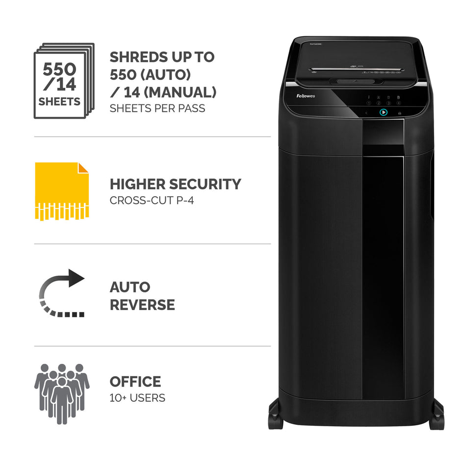 Fellowes Paper Shredder 550 Sheet Auto Feed Cross Cut Shredder AutoMax 550C Shredder with 83 Litre Bin High Security P4