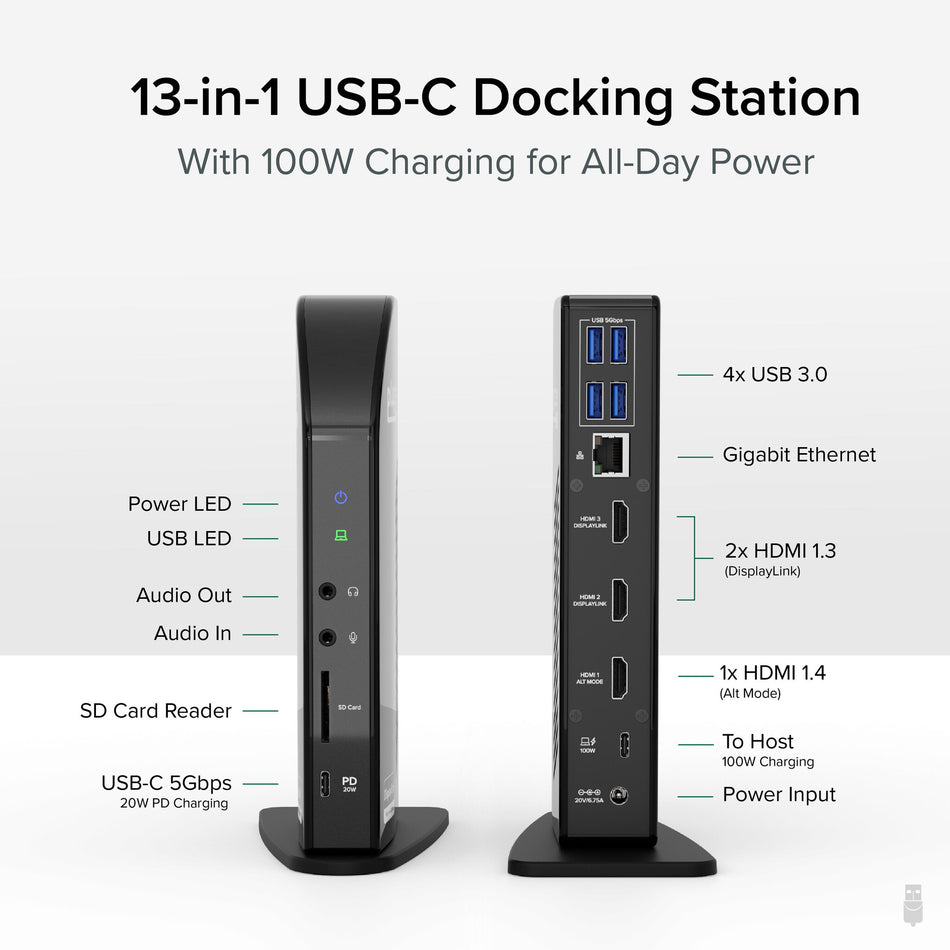 Plugable Technologies 13-in-1 USB-C Triple Monitor Docking Station with 100W Charging, Compatible with Windows, Mac, and Chrome with Thunderbolt 3 / 4 or USB-C (3x HDMI, 1x USB-C, 4x USB, Ethernet, SD Card Reader)