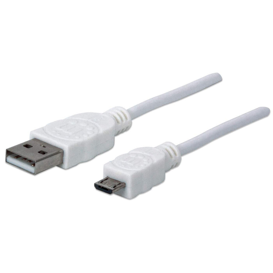 Manhattan USB-A to Micro-USB Cable, 1.8m, Male to Male, 480 Mbps (USB 2.0), Hi-Speed USB, White, Lifetime Warranty