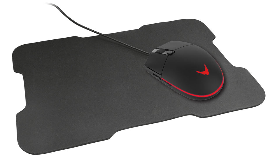 Varr Gaming Mouse and Mousepad/Mat Set, Gaming Mouse: Wired USB Mouse (Black/Red), Adjustable DPI (800, 1600, 2400 or 3200dpi), 6 Button with Scroll Wheel, Popular USB-A connection, Optical, LED Red backlight, Mousepad/Mat: Size 295x210x2mm