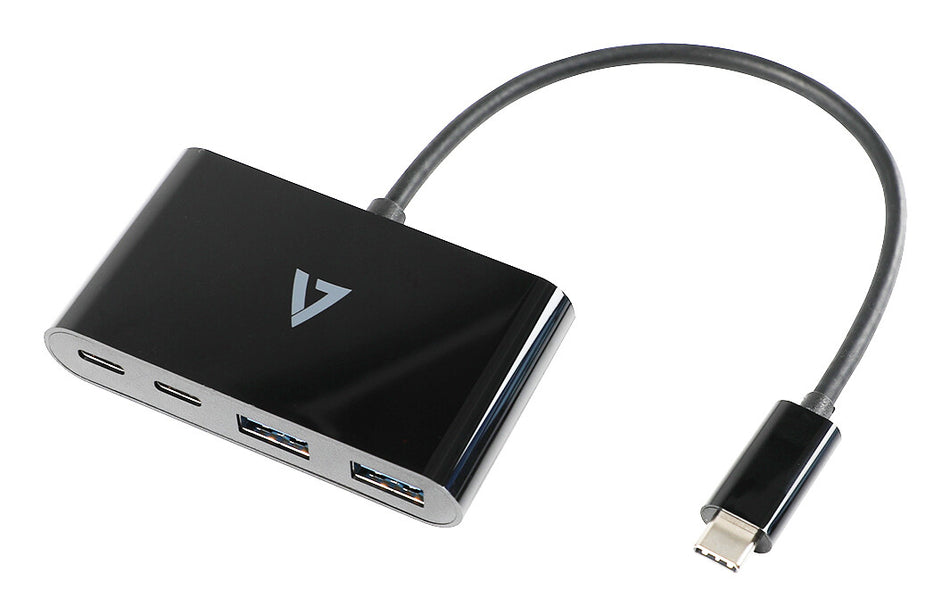 V7 USB-C Male to 2 x USB A Female, 2 x USB-C Female Hub USB 3.2 Gen1 5Gbps Black