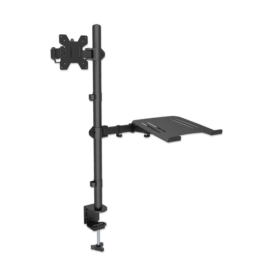 Manhattan TV & Monitor & Laptop Combo Mount, Desk, Full Motion, 1 screen, Screen Sizes: 10-27", Laptop up to 17", Black, Clamp Assembly, VESA 75x75 to 100x100mm, Max 8kg, Lifetime Warranty