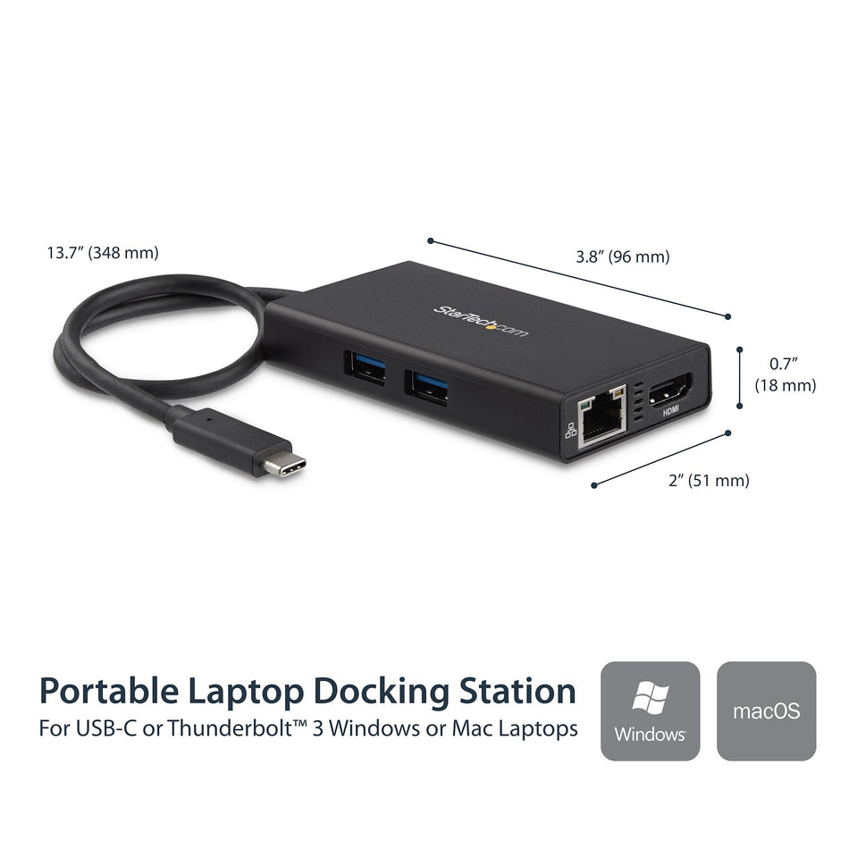 StarTech.com USB-C Multiport Adapter - USB-C Travel Docking Station with 4K HDMI - 60W Power Delivery Pass-Through, GbE, 2pt USB-A 3.0 Hub - Portable Mini USB Type-C Dock for Laptop