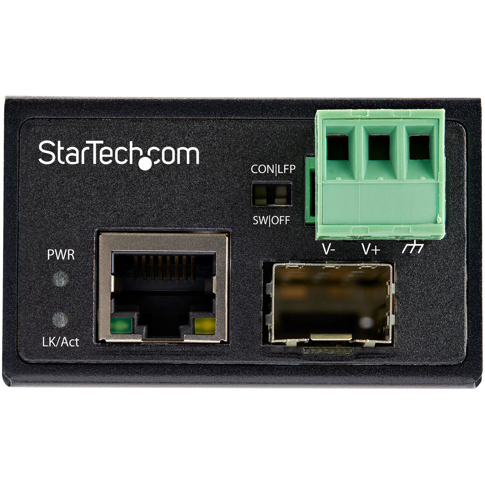 StarTech.com Industrial Fiber to Ethernet Media Converter - 100Mbps SFP to RJ45/Cat6 - Singlemode/Multimode Optical Fiber to Copper Network - 12-56V DC - IP-30/ -40 to +75C